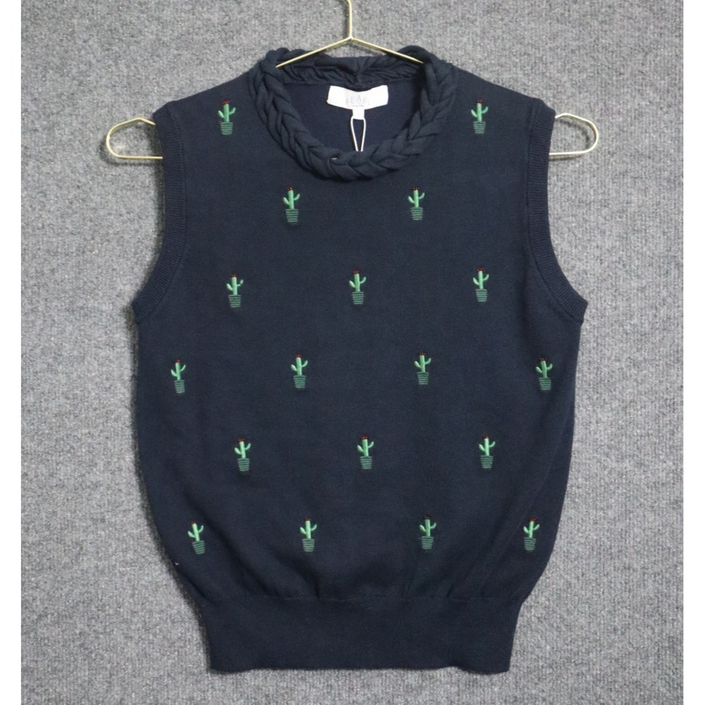 Pearl Vest Women Small Blue‎ Navy Lela Rose Empower Cactus Embroidered Knit NWT